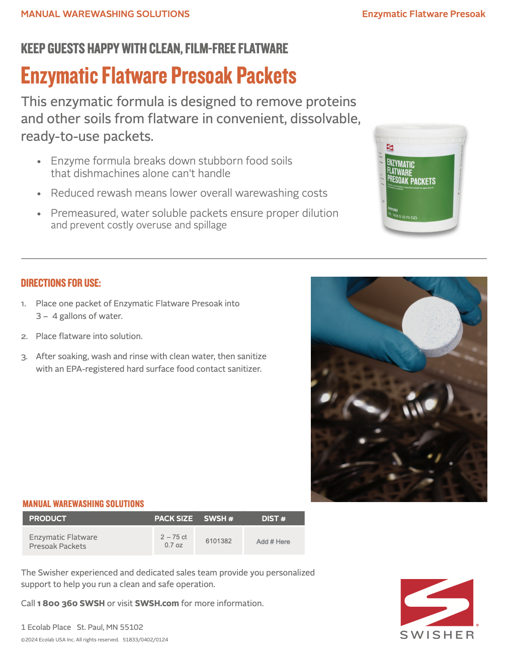 Swisher Enzymatic Flatware Presoak Packets